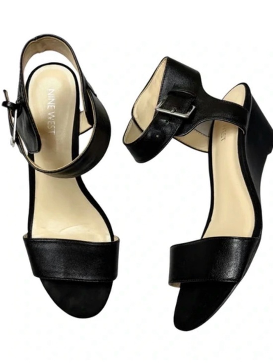 Nine West Shoes - NINE WEST Black Wedge Ankle Strap Sandals with Silver Buckle - 8
